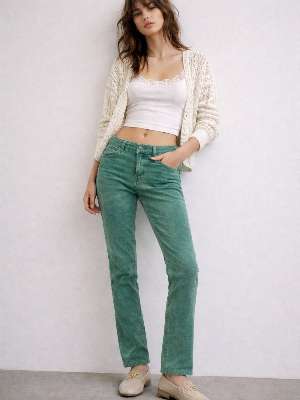 Free People Green Corduroy Pants Slim Straight Low Mid Rise Boho 90s Earthy